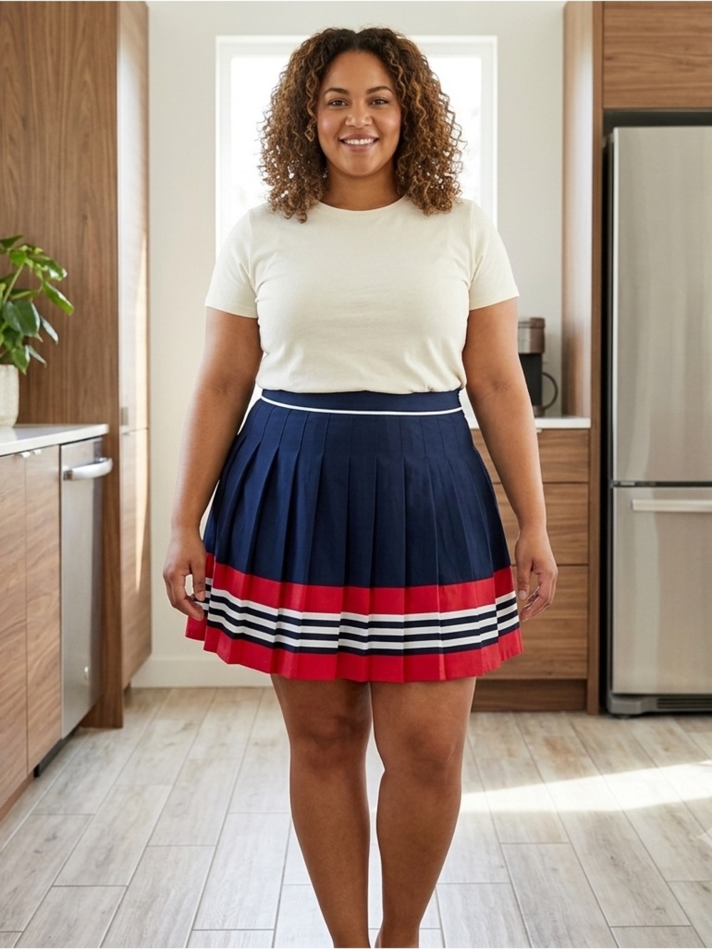 Tommy Hilfiger Navy and Pink Pleated Skirt with Stripe Trim